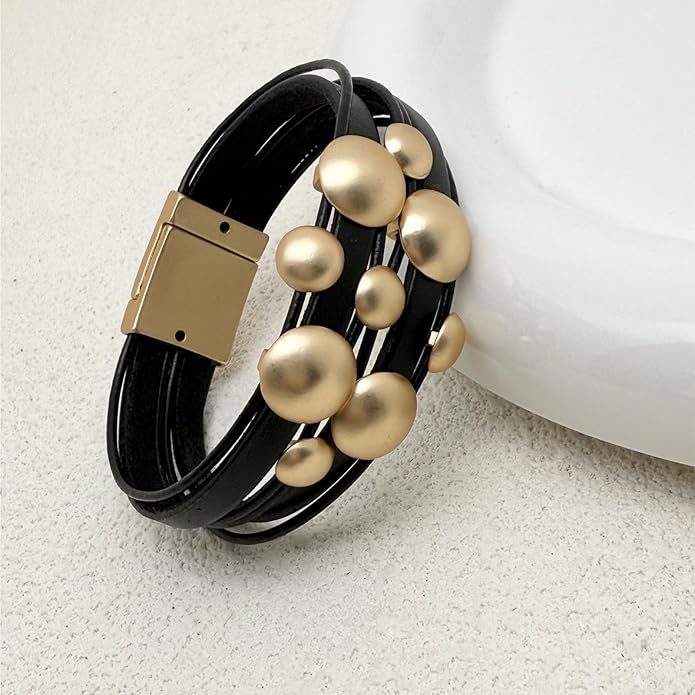 Leather Bracelet for Women Black Wrap Bangle Gold Infinity Bow-knot Bead Heart Bracelet Chunky Layered Bracelets for Women Trendy