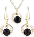 Tahmi Classic Real Black Onyx Gemstone Dangle Earrings and 20 Inch Pendant Necklace on Chain with 14K Yellow Gold-filled Circles Dainty Minimalist Jewelry Gift Set Idea for Women
