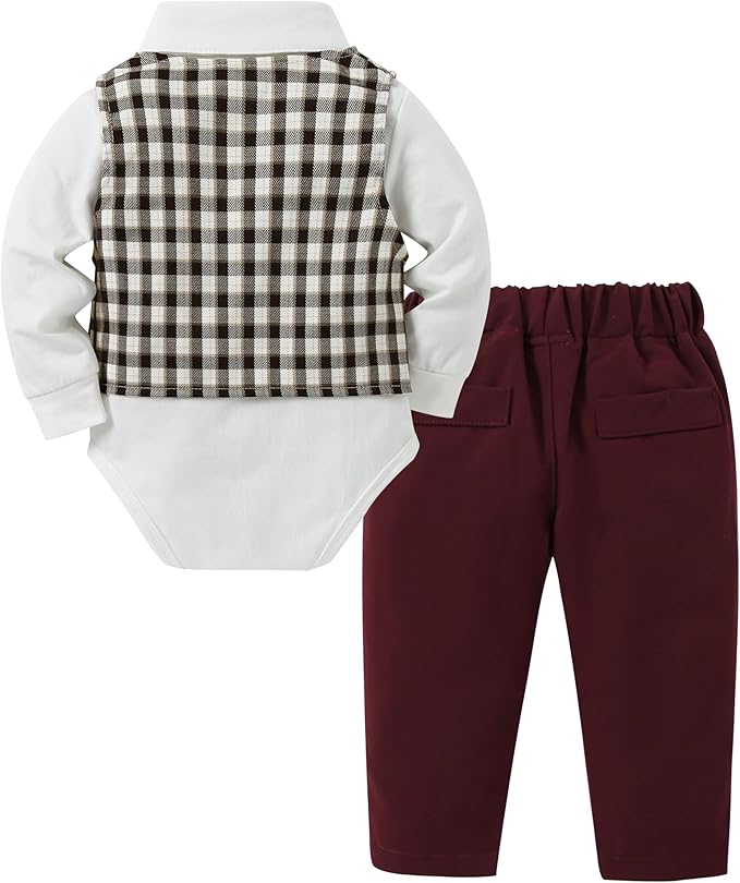 DISAUR Baby Boy Clothes Toddler Boy Outfits 4PCS Gentleman Dress Romper/Vest/Pants/Bow Tie Cotton Suit Sets