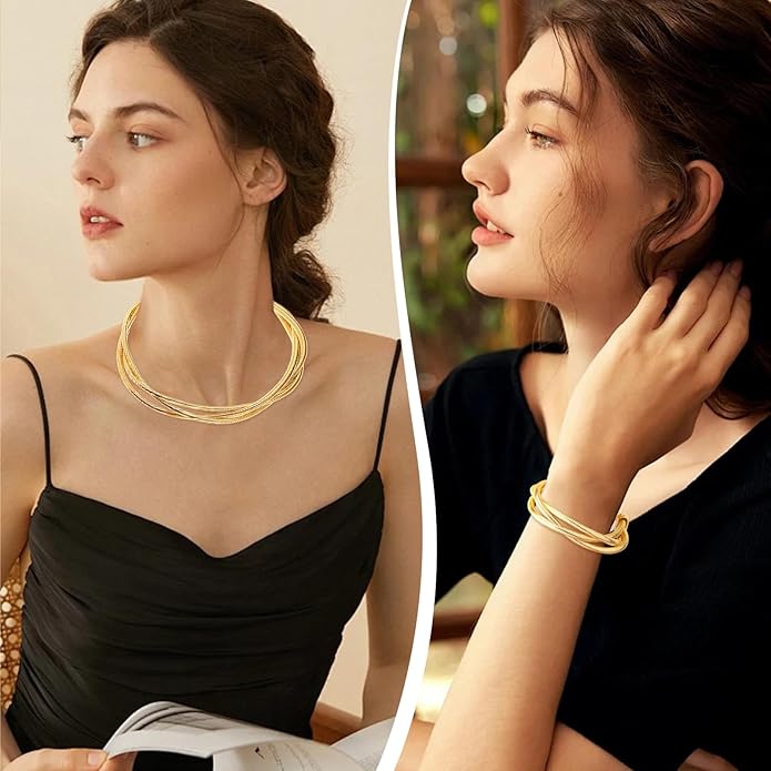 YBMYCM Chunky Gold-plated Silver Jewelry Set Multi Strands Stainless Steel Choker Necklace Bracelet Set for Women