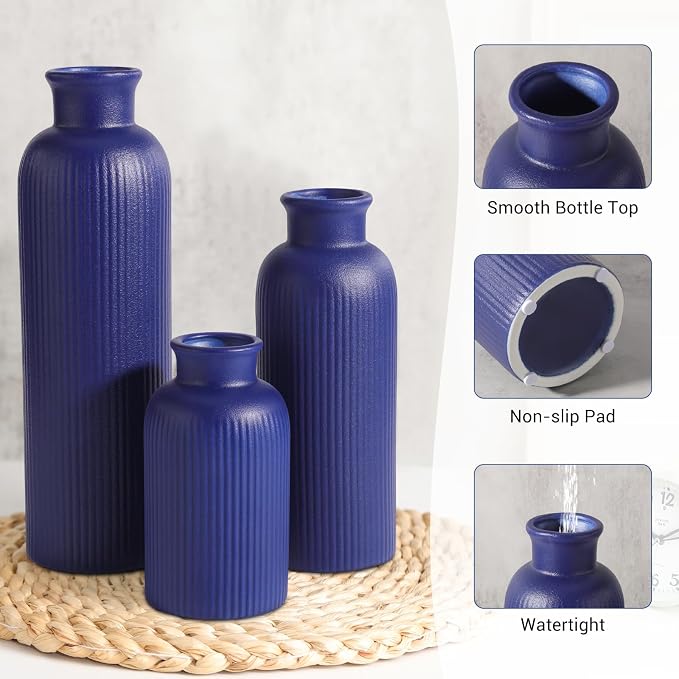 Small Navy Blue Ceramic Vase Set of 3, Boho Modern Navy Blue Flower Vase Room - Image 5