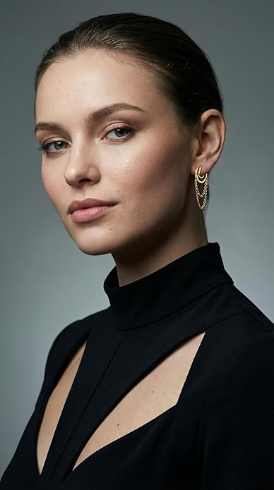 FAN&LOUIS Gold Clip On Earrings for Women, 24K Gold Plated Small Hoop Dangle Chains Drop Trendy Hypoallergenic Non Pierced Earrings Painless Lightweight Clip-On Earrings