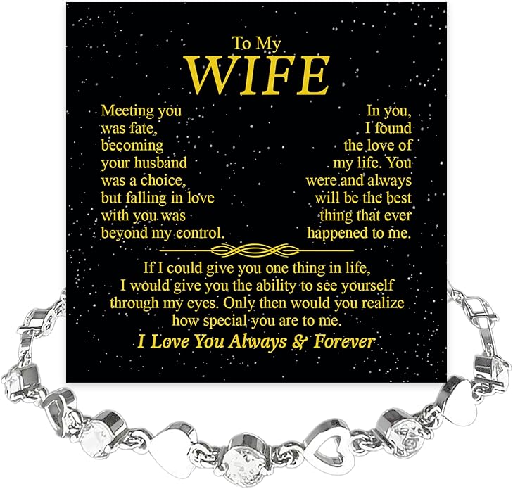 “To My Wife Heart Bracelet – Crystal Heart Link Jewelry Gift with Message Card”.