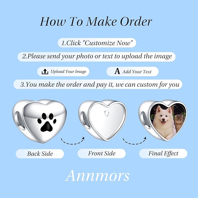 Annmors Personalized Photo Charm for Bracelet Necklaces,925 Sterling Silver Charm Love Heart Shaped Engraved Customize Picture Gift for Birthday Mother's Day Christmas,Bead Charms Jewelry for Women
