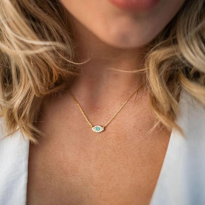 Evil Eye Necklace for Women 14K Gold Plated Delicate Necklaces Blue White CZ Diamond Pendant Necklace Cute Boho Tiny Evil Eye Lucky Protection Jewelry Gift for Women
