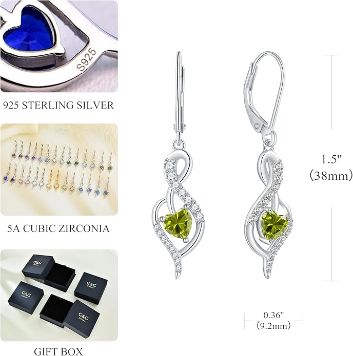 Infinity Heart Dangle Drop Earrings for Women, 925 Sterling Silver Birthstone Leverback Earrings, Birthday Anniversary Valentines Day Jewelry Gifts for Women Mom Her