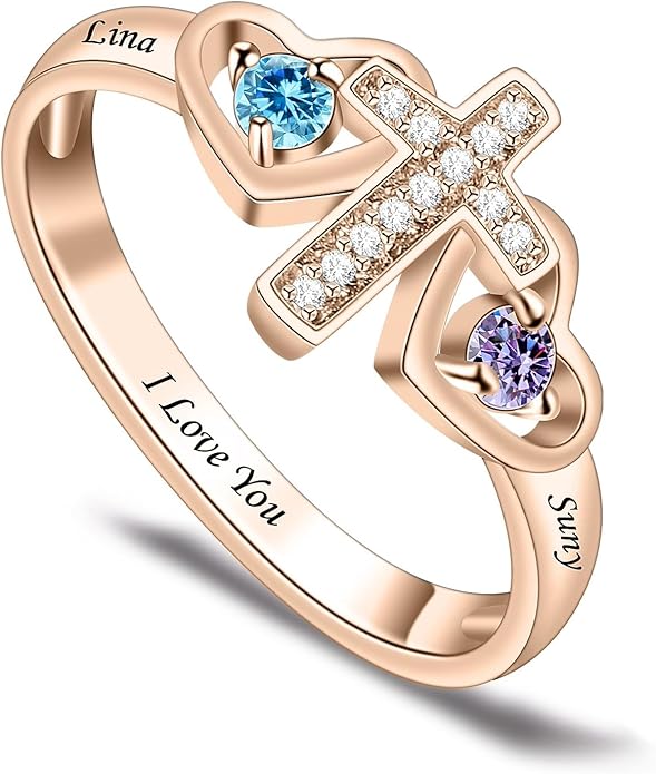 Personalized Heart Birthstone Rings for Women with 2 Birthstones Custom Name Rings for Couple Mother Daughter Jewelry Gift for Mother Her Christmas