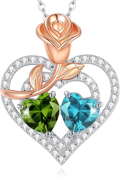 AGVANA Valentines Day Gifts Birthstone Necklace for Women Sterling Silver Rose Flower Heart Double Birthstone Jewelry Pendant Necklace Anniversary Birthday Gifts for Women Mom Wife Girlfriend Her