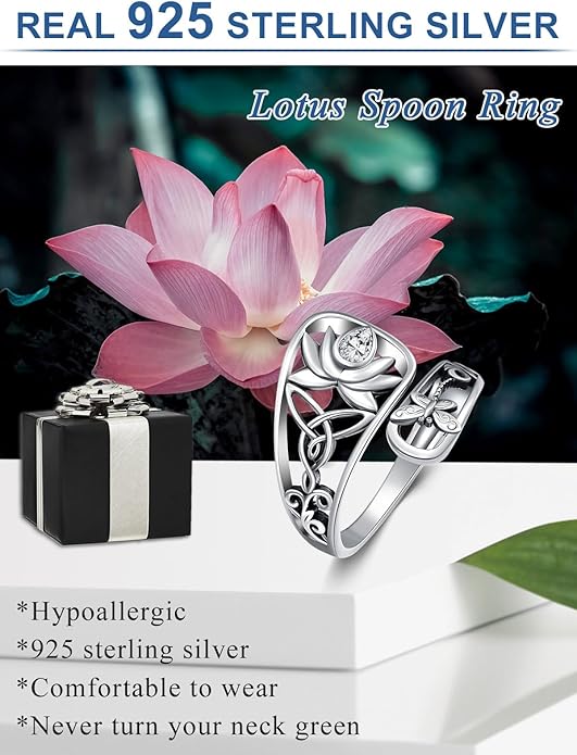 Midari Sun and Moon/Bee/Celtic/Life of Tree/Lotus Spoon Ring for Women 925 Sterling Silver Adjustable Ring Open Ring for Women Men Halloween Birthday Gift