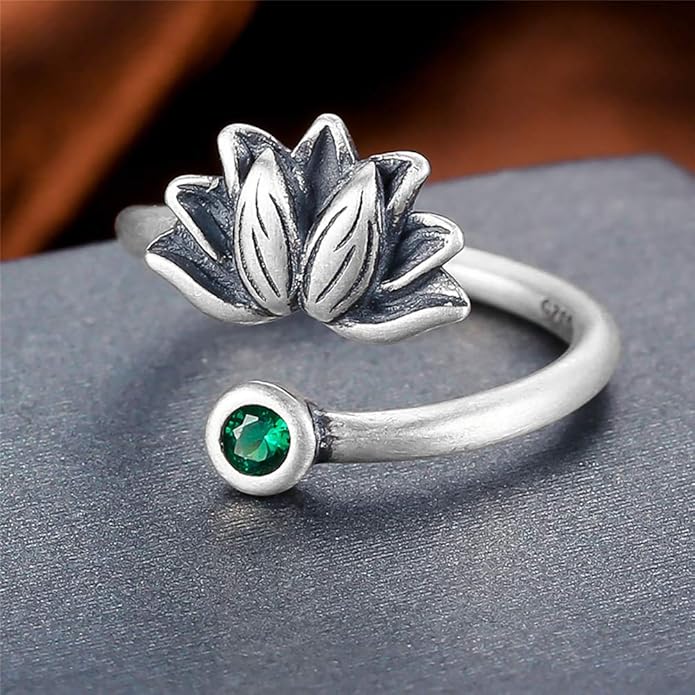 BALMORA Real 925 Sterling Silver Vintage Leaf Rings for Women Men Retro Lotus Feather Flower Adjustable Open Ring Floral Leaves Finger Statement Promise Ring Fashion Jewelry Birthday Gifts for Mom Daughter