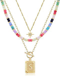 MJartoria Layered Initial Necklaces for Women Trendy, 14K Gold Plated Brass Simple Star Choker Square Letter Pendant Necklace, Colorful Beaded Necklaces Jewelry Gifts