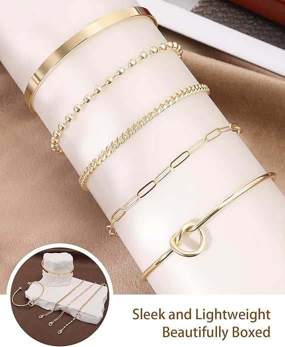 Gold Bracelets for Women, 14K Gold Plated Chain Bracelets Set for Women, Elegant Adjustable Bracelet Stack Jewelry Gifts for Womens
