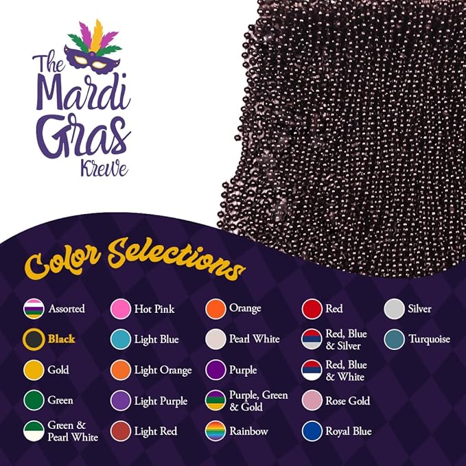 Black Mardi Gras Beads - 33 inch, 7mm, 72 Necklaces, 6 Dozen Party Supplies