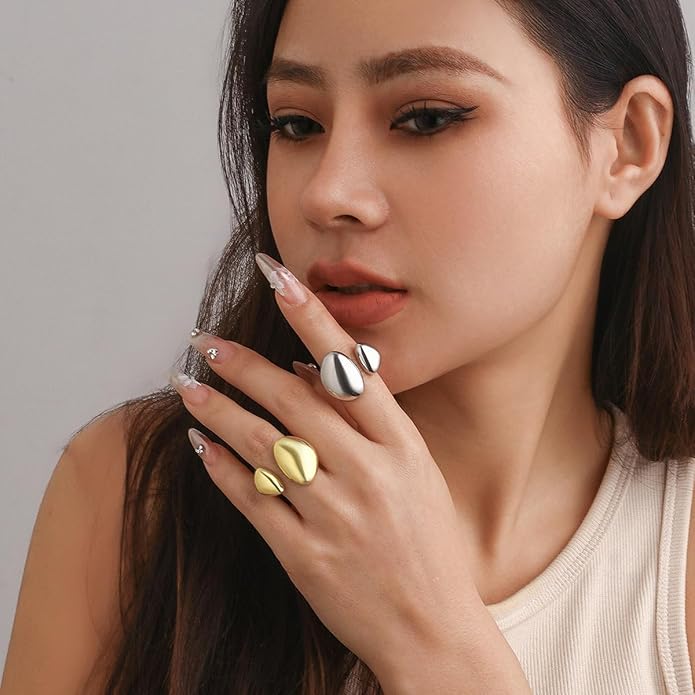 MIFYNN Chunky Gold Rings for Women Gold Silver Adjustable Thick Ring Fashion Statement Ring Open Dome Ring Chunky Silver Rings Geometric Curved Minimalist Simple Rings