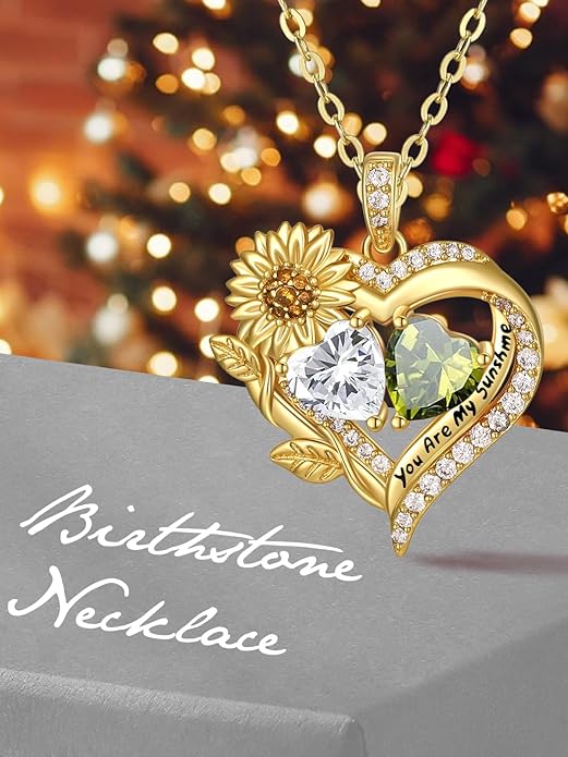 Sunflower Heart Necklace for Women 14K Gold Exquisite Valentines Day Anniversary Birthday Gifts for Wife Mother Her Double Birthstone Pendant Jewelry‘You Are My Sunshine’
