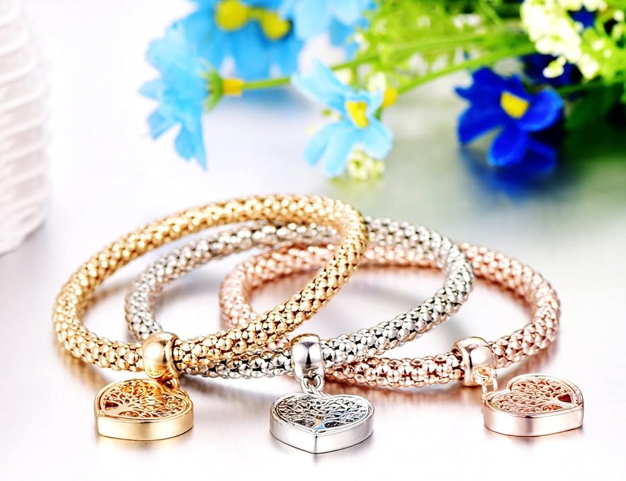 Crystal Charms Multilayer Bracelets - 3PCS Gold/Silver/Rose Gold Corn Chain Bracelet for Women, Tree of Life Heart Shaped Stretch Bracelet