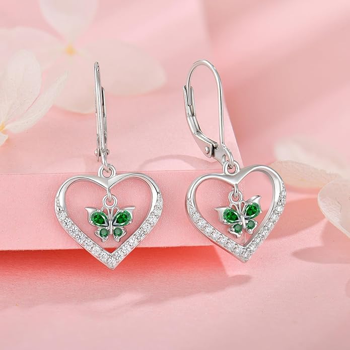 Butterfly Birthstone Heart Dangle Drop Earrings, 925 Strlings Silver 5A Cubic Zircon Leverback Earrings Jewelry Anniversary Birthday Gifts for Women
