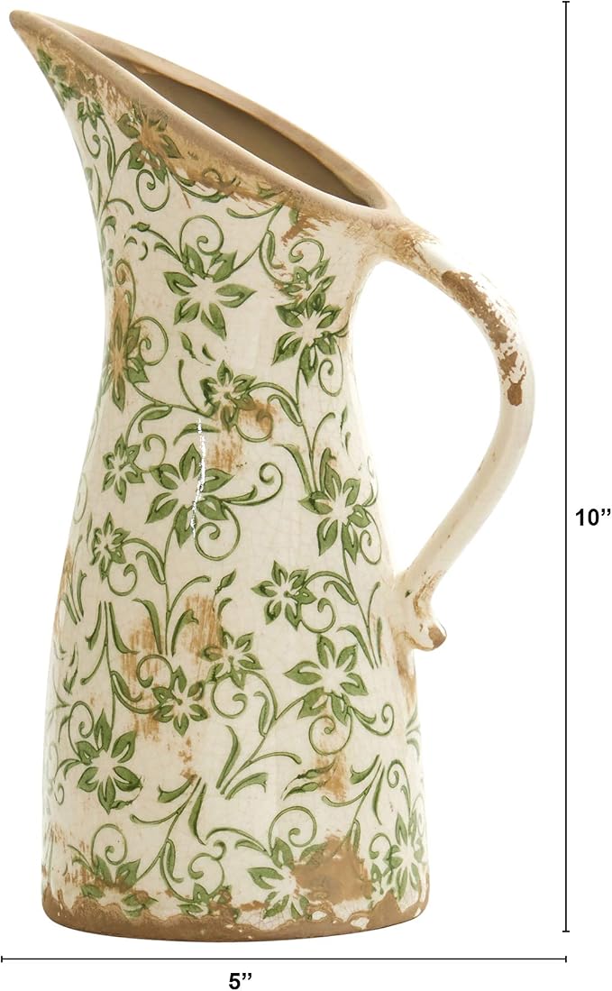 Nearly Natural 10 in Tuscan Ceramic Green Scroll Pitcher Vase | Artisanal - Image 2