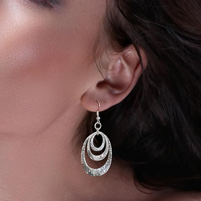 Boho Three Oval Drop Dangle Earrings Silver Earrings for Women Trendy Two Tone Bohemian Jewelry for Thanksgiving and Christmas Gifts