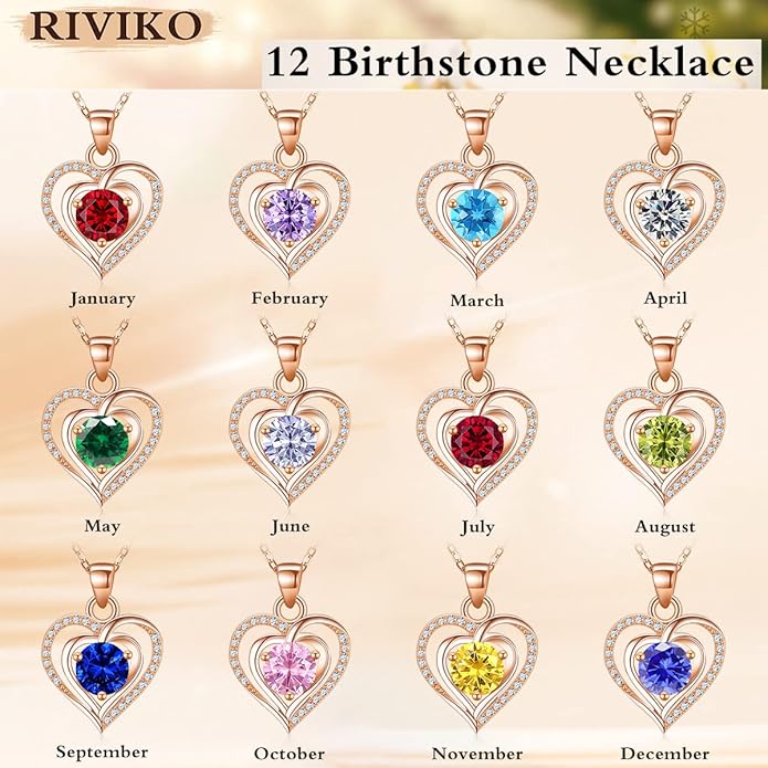 RIVIKO Heart Birthstone Pendant Necklace for Women 925 Sterling Silver Zirconia Necklaces Valentine's Day Anniversary Birthday Mothers Day Jewelry Gifts For Her Mother Wife