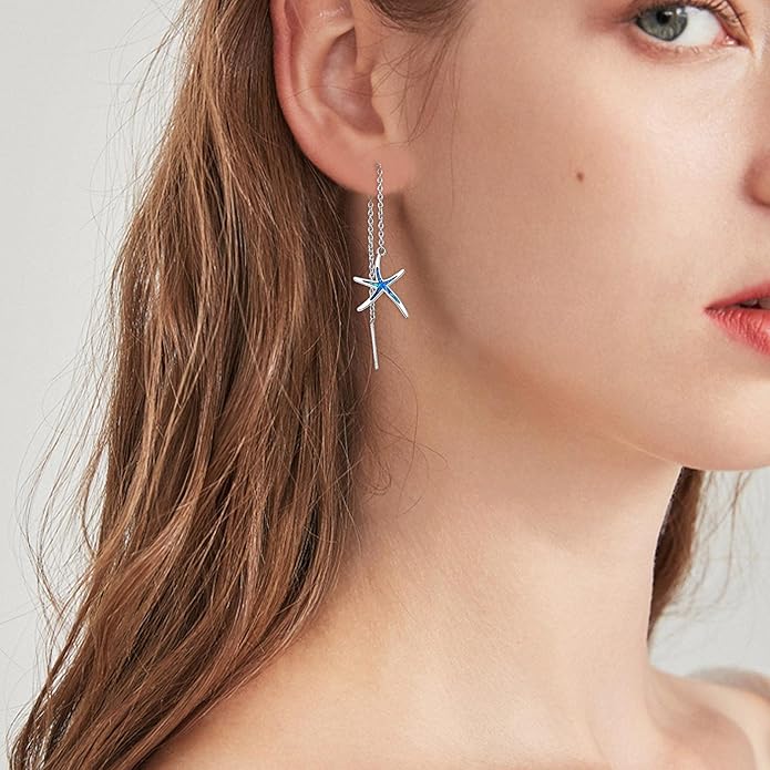 925 Sterling Silver Starfish Earrings With Opal Fish Hoops, Nautical Hawaiian Sea Beach Jewelry for Women and Starfish Lovers