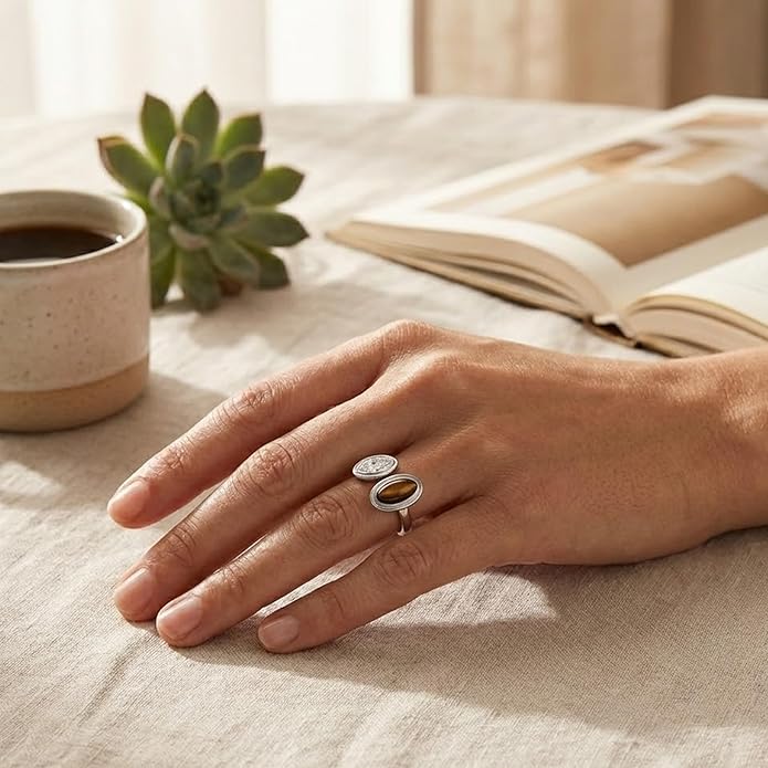 Mchic Adjustable Chunky Rings for Women: Dainty Natural Gemstone Ring Stainless Steel 18K Gold/Silver Plated Band Rings Non Tarnish Waterproof Statement Fashion Jewelry Gift for Women