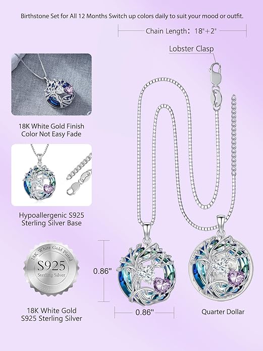 TOUPOP s925 Sterling Silver Family Celtic Tree of Life Pendant Necklaces with 2 Heart Birthstone with Blue Austrian Crystal Jewelry Birthday Valentines Day Gifts for Her, Anniversary Christmas Gifts for Wife Girlfriend Mom (18K Real White Gold Filled)