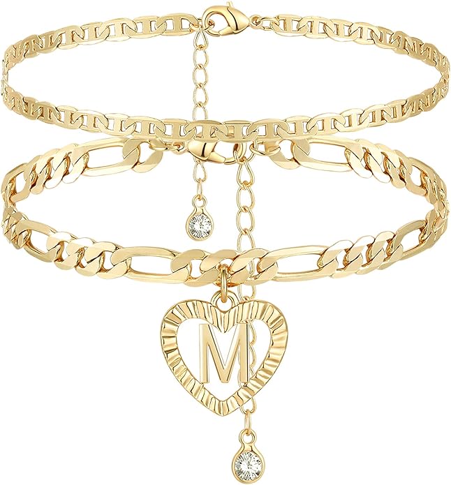 YANODA Initial Ankle Bracelets for Women 14K Gold Plated Layered Figaro Chain Letter Initial Anklets Handmade Layered Heart Ankle Bracelets Personalized Jewelry for Women