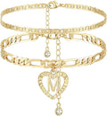 YANODA Initial Ankle Bracelets for Women 14K Gold Plated Layered Figaro Chain Letter Initial Anklets Handmade Layered Heart Ankle Bracelets Personalized Jewelry for Women