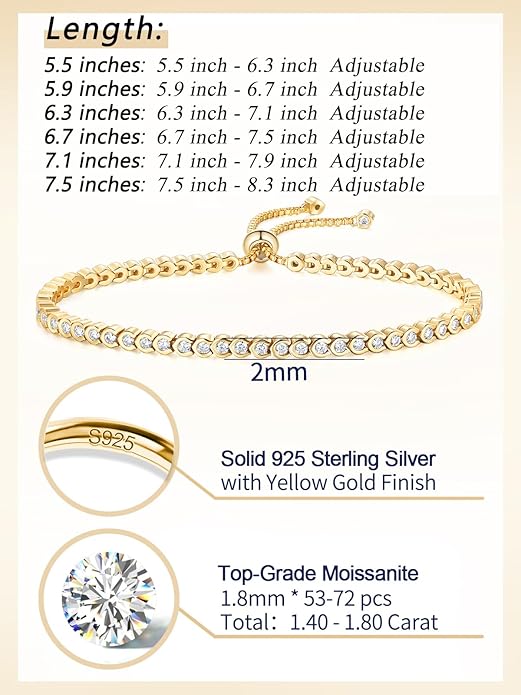 2mm/3mm Moissanite Adjustable Tennis Bracelet for Women, Authentic Solid 925 Sterling Silver, 5.5-7.5inch (14-19cm) with 2cm Extender Chain, Birthday Valentines Wedding Anniversary Ideal Gift for Her