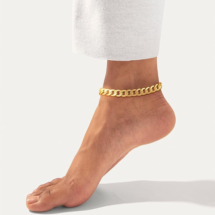 Gold Ankle Bracelets for Women Waterproof - Dainty Gold Anklets Trendy Layered 14K Gold/Silver Plated Stackable Chunky Cuban Link Chian Anklet Bracelet Set for Women Non Tarnish Jewelry Gift