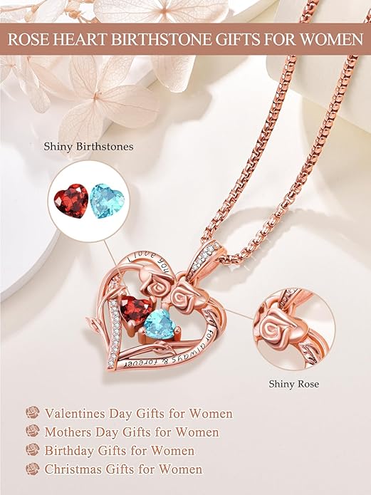 Rose Heart Necklaces for Women, Rose Gold Forever Love Jewelry with 2 Birthstones Pendant,Valentines Anniversarry Birthday Gifts for Her Wife Mom Grandma Daughter, 18+2 Inch Chain