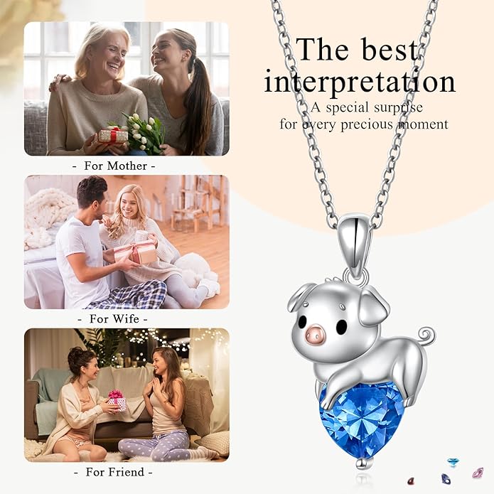 FLYOW Pig Necklace 925 Sterling Silver Cute Animal Necklace with Heart Blue CZ Piggy Pendant for Women Friend Pig Lovers Birthday Graduation Valentine's Day Anniversary Christmas Jewelry White/Blue