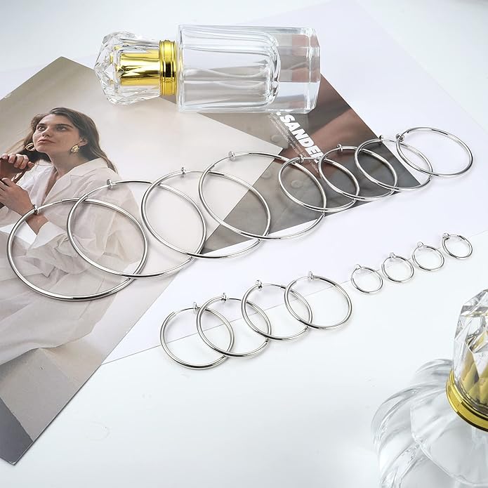 Magitaco 8 Pairs Clip On Hoop Earrings Stainless Steel Clip On Earrings for Women Fake Hoop Earring Spring Hoop Earring For Non-Pierced Ears