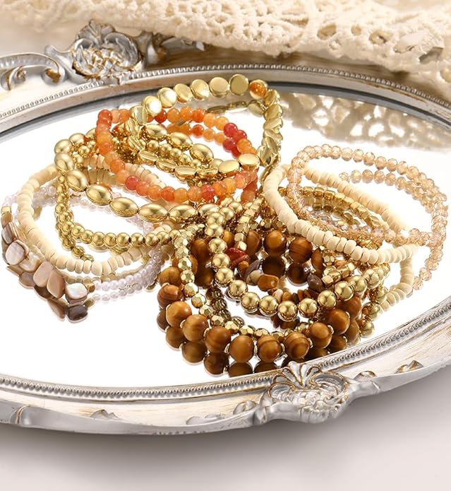 iF YOU 12 Pcs Boho Beaded Bracelets for Women, Brown Orange Bohemian Stackable Gold Bead Stretch Bracelets Stack Jewelry Gift
