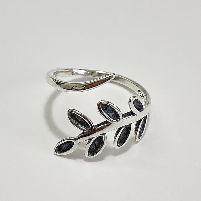 BALMORA Real 925 Sterling Silver Vintage Leaf Rings for Women Men Retro Lotus Feather Flower Adjustable Open Ring Floral Leaves Finger Statement Promise Ring Fashion Jewelry Birthday Gifts for Mom Daughter