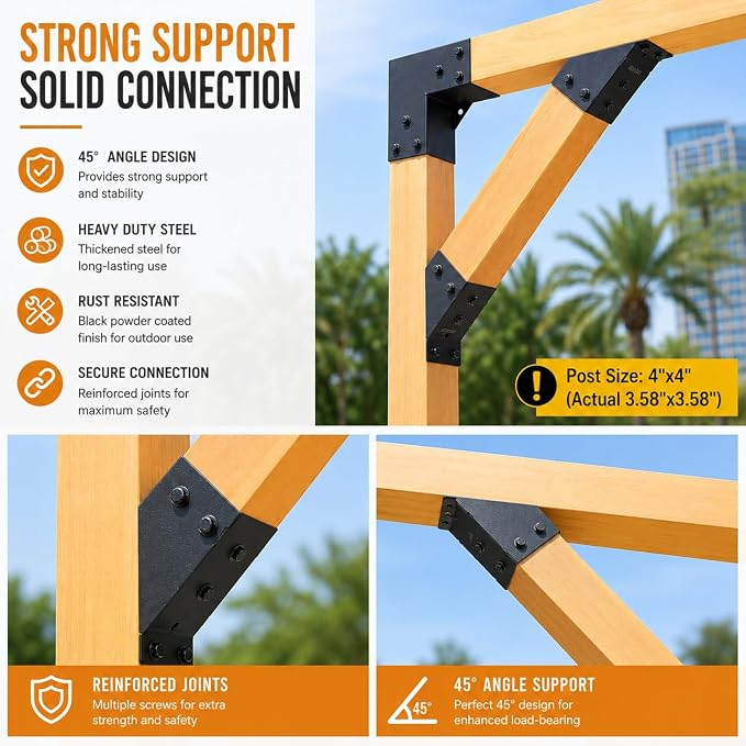 45 Degree Pergola Brackets for 4x4 Lumber, Q235 Steel, 8 Pack | Black - Image 6