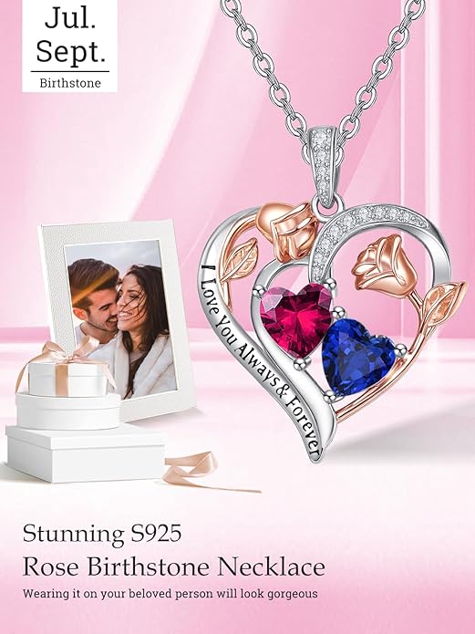 Valentine's Day Gifts for Wife 925 Sterling Silver Double Birthstone Pendant Necklaces I Love You for Always and Forever Necklace Anniversary Birthday Gifts for Wife Girlfriend Mom Her
