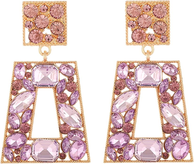 Rhinestone Rectangle Statement Earrings Colorful Crystal Geometric Drop Dangle Earrings for Women Prom Party