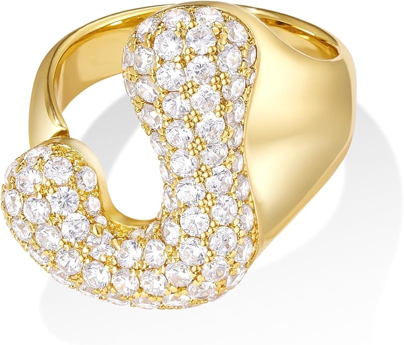 KissYan Bubble Initial Ring Valentines Day Gifts for Women, 14k Gold Plate Balloon Jumbo Letter Rings Open Adjustable Dainty Pave CZ Personalized Fashion Trendy Statement Jewelry