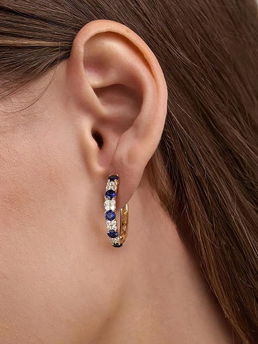 Women's Huggie Hoops with Birthstone 925 Sterling Silver Huggie Stud Hypoallergenic 14K Gold Plated Moissanite Earrings -Emerald Sapphire Ruby Hoop Earrings, Size 20 25mm