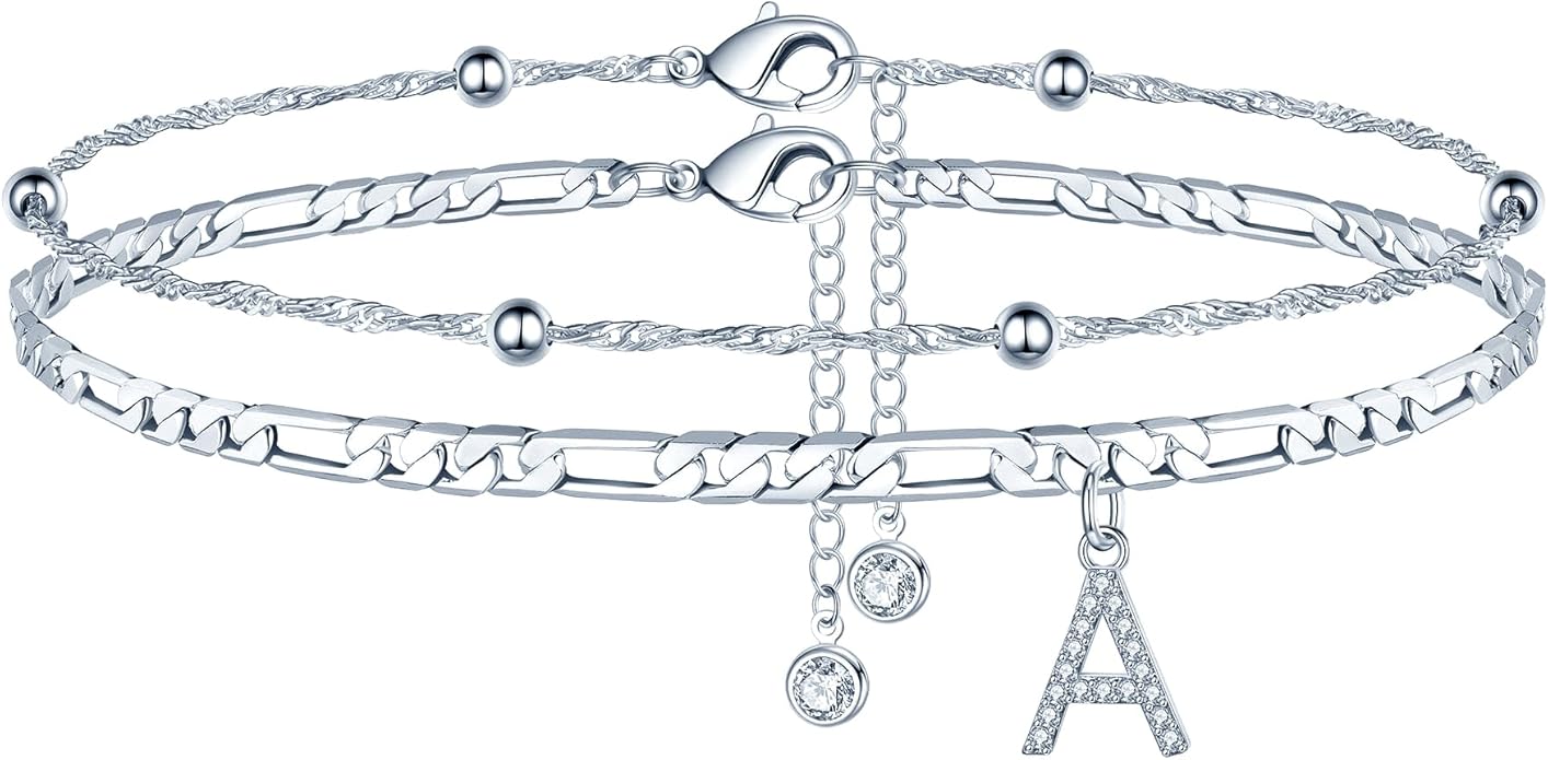 Ursteel Ankle Bracelets for Women, 14K Gold Plated Dainty Layered Chain CZ Initial Anklets Summer Jewelry Gifts for Women