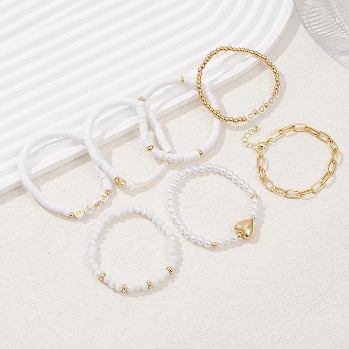 Heishi Beaded Stretch Bracelets for Women Stackable Polymer Clay Beads Bracelets Friendship Boho Summer Beach Bracelet Jewelry Set