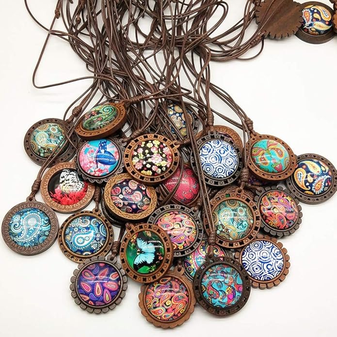 ToBeIT Bezel Pendant Trays Round Wooden and Glass Cabochon Round Clear Dome for DIY Crafting Photo Jewelry Making