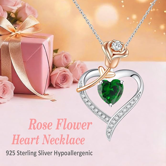 immobird Rose Gold Heart Necklace Birthstone Jewelry Sterling Silver Jewelry Plated White Gold Valentine's Day Gift Women for Wife Mom Necklace for Women