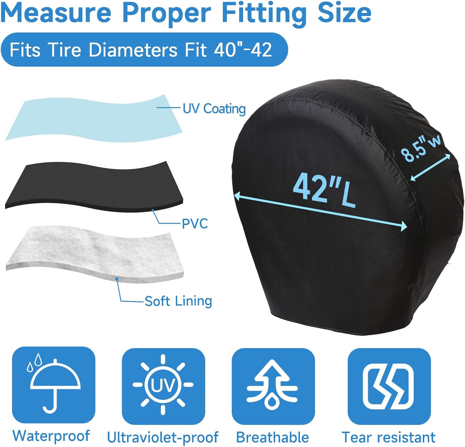 Rough Tire Covers 4 Pack, Waterproof Vinyl Wheel Protectors with Lining for RV, Trailer, Camper, Motorhome, SUV, Car, Universal Fits Tire Diameters 40-42 inches, Black