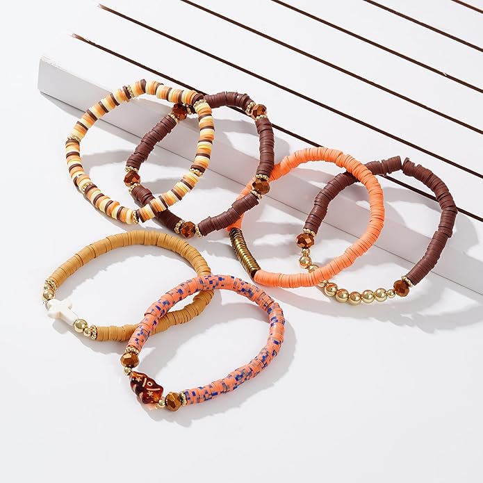 GOOJIDS Surfer Heishi Clay Bead Bracelets for Women Bohemian Stackable Gold Plated Beaded Stretch Bracelets Elastic Layering Friendship Bracelets Set Boho Jewelry