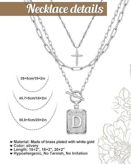 MJartoria Layered Initial Necklaces for Women Trendy, 14K Gold Plated Brass Simple Dainty Cross Choker Square Letter Pendant Necklace, Paperclip Chain Necklaces Jewelry