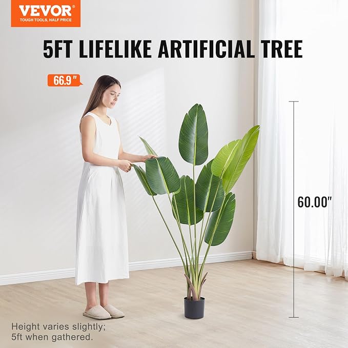 VEVOR Artificial Bird of Paradise Tree, 5 FT Tall Faux Plant, PE Material & - Image 2