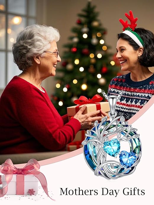 TOUPOP s925 Sterling Silver Family Celtic Tree of Life Pendant Necklaces with 2 Heart Birthstone with Blue Austrian Crystal Jewelry Birthday Valentines Day Gifts for Her, Anniversary Christmas Gifts for Wife Girlfriend Mom (18K Real White Gold Filled)